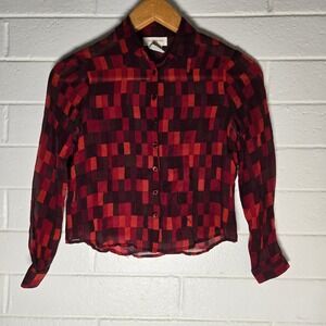 Vtg Jones New York Silk Blouse 4 Petite Geometric Sheer Button Top 70s Office